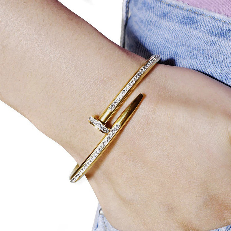 Stainless Steel Gold Plated Stainless Steel Anti Tarnish AD Studded Nail Bracelet For Women