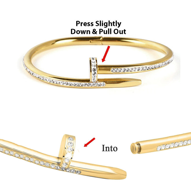 Stainless Steel Gold Plated Stainless Steel Anti Tarnish AD Studded Nail Bracelet For Women