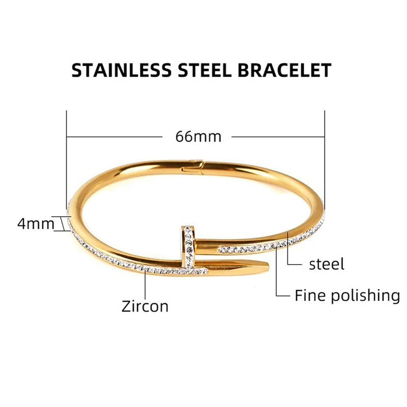 Stainless Steel Gold Plated Stainless Steel Anti Tarnish AD Studded Nail Bracelet For Women