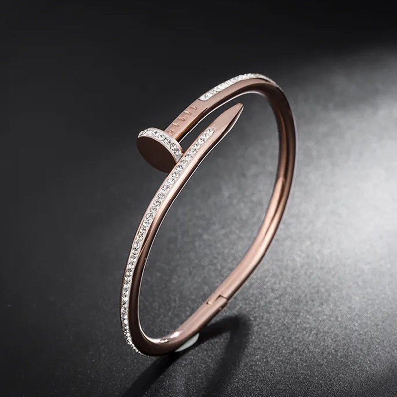 Stainless Steel Rose Gold Plated Stainless Steel AD Studded Nail Bracelet For Women