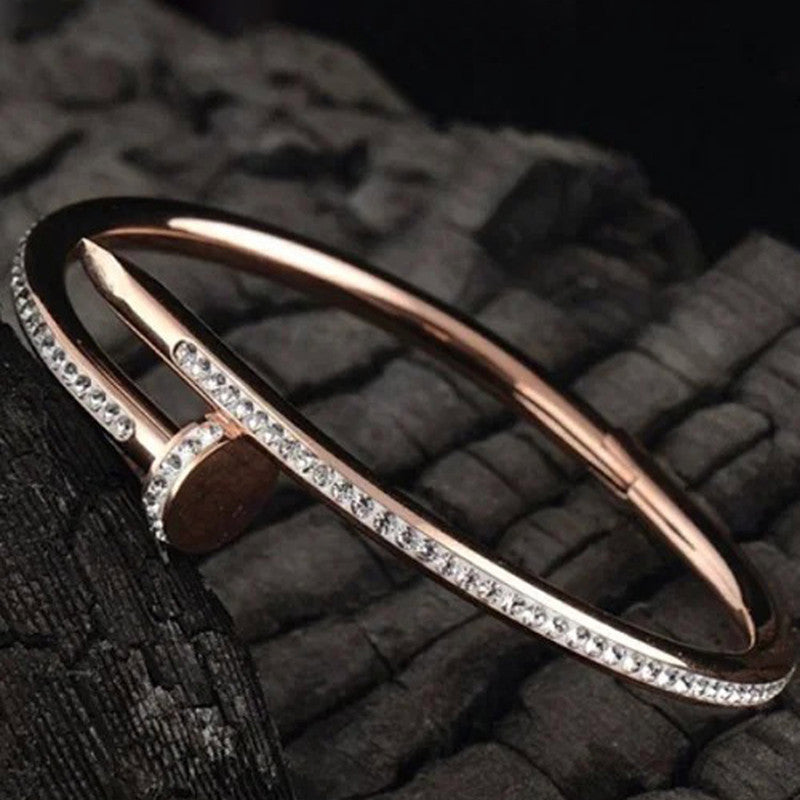 Stainless Steel Rose Gold Plated Stainless Steel AD Studded Nail Bracelet For Women