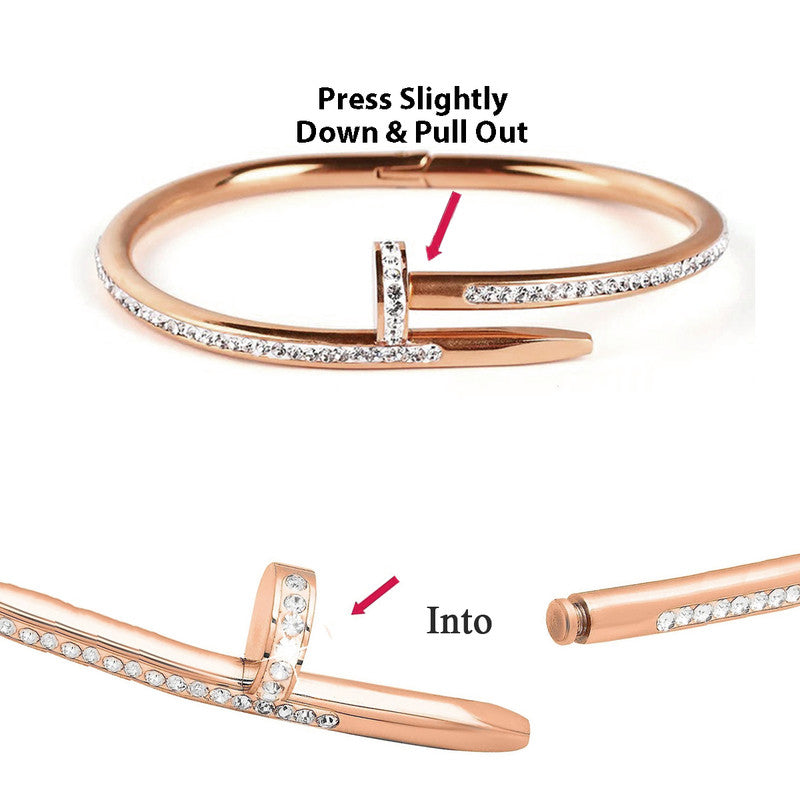 Stainless Steel Rose Gold Plated Stainless Steel AD Studded Nail Bracelet For Women