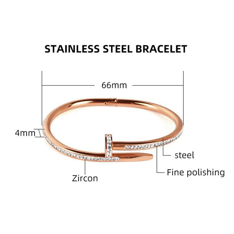 Stainless Steel Rose Gold Plated Stainless Steel AD Studded Nail Bracelet For Women