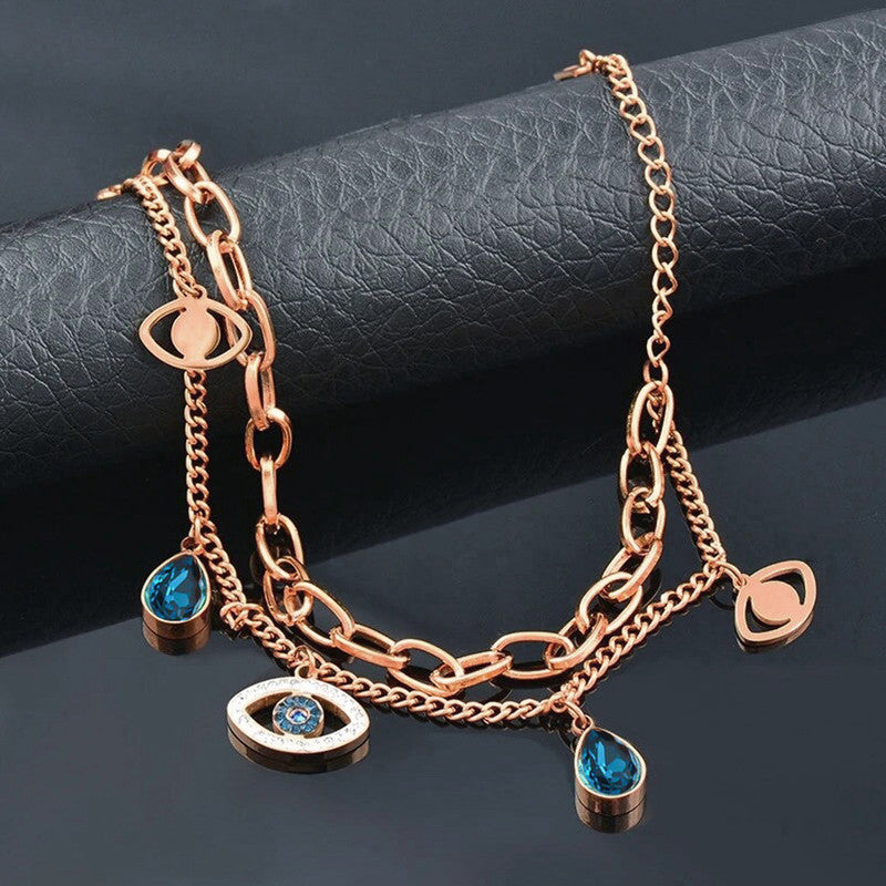 Stainless Steel Rose Gold Plated Stainless Steel Crystal Studded Evil Eye Bracelet For Women