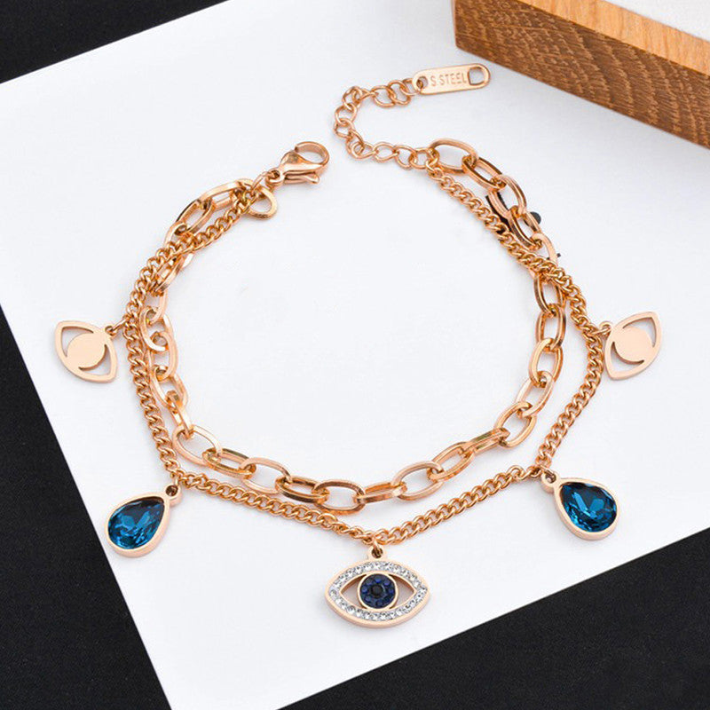 Stainless Steel Rose Gold Plated Stainless Steel Crystal Studded Evil Eye Bracelet For Women