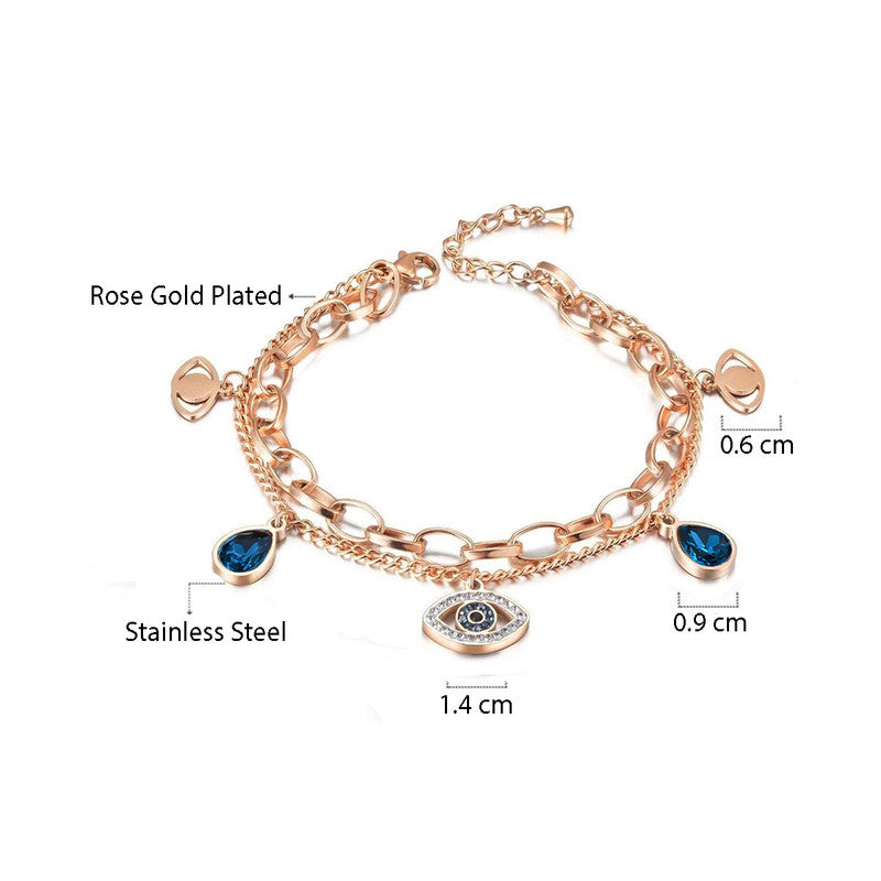 Stainless Steel Rose Gold Plated Stainless Steel Crystal Studded Evil Eye Bracelet For Women