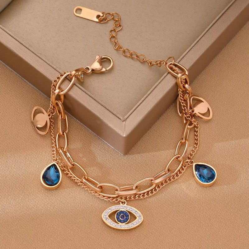 Stainless Steel Rose Gold Plated Stainless Steel Crystal Studded Evil Eye Bracelet For Women