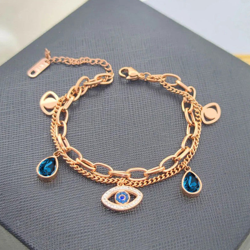 Stainless Steel Rose Gold Plated Stainless Steel Crystal Studded Evil Eye Bracelet For Women