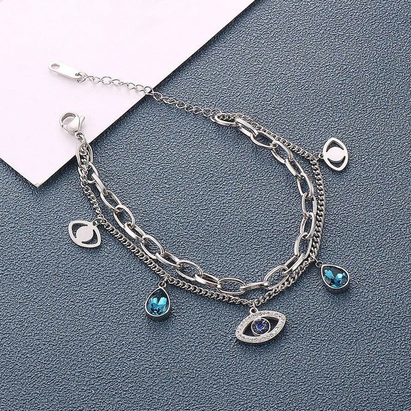 Stainless Steel Silver Plated Stainless Steel Anti Tarnish Crystal Studded Evil Eye Bracelet For Women