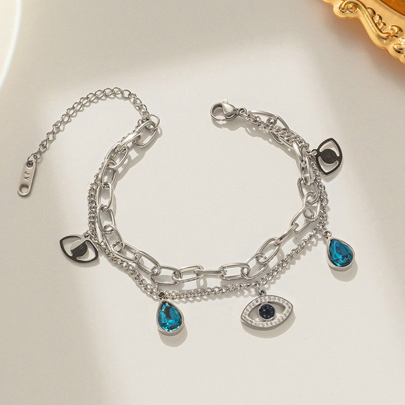 Stainless Steel Silver Plated Stainless Steel Anti Tarnish Crystal Studded Evil Eye Bracelet For Women