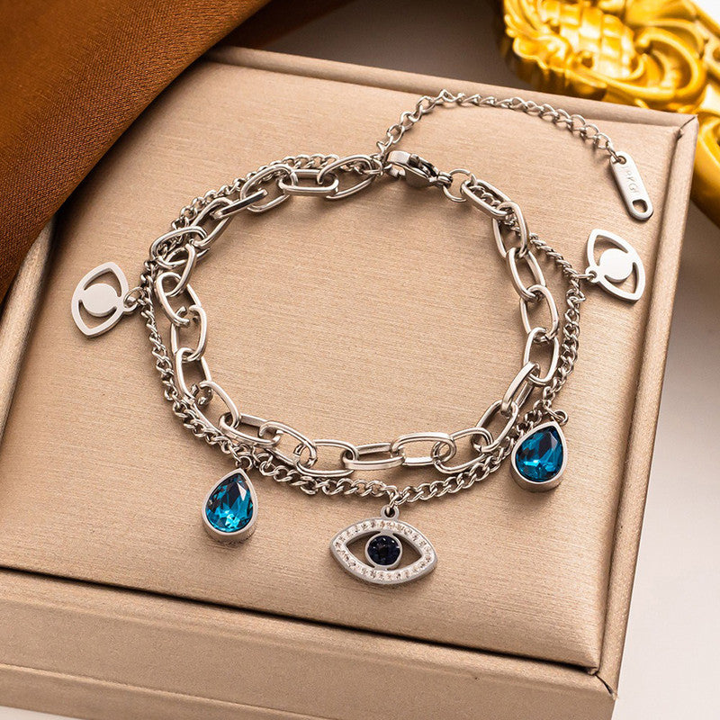 Stainless Steel Silver Plated Stainless Steel Anti Tarnish Crystal Studded Evil Eye Bracelet For Women