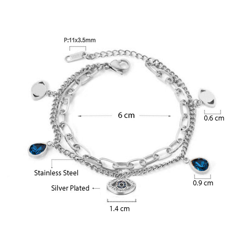 Stainless Steel Silver Plated Stainless Steel Anti Tarnish Crystal Studded Evil Eye Bracelet For Women