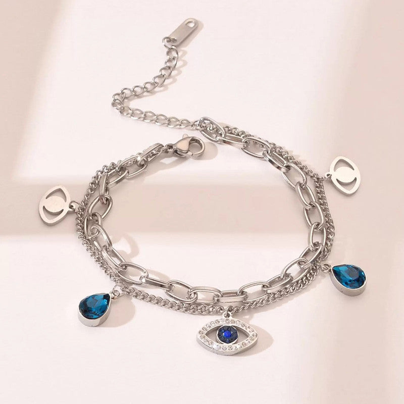 Stainless Steel Silver Plated Stainless Steel Anti Tarnish Crystal Studded Evil Eye Bracelet For Women