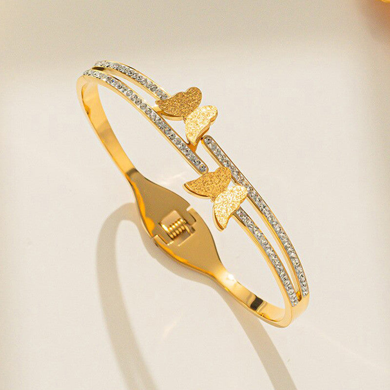 Stainless Steel Gold Plated Butterfly American Diamond Studded Anti-Tarnish Bracelet For Women