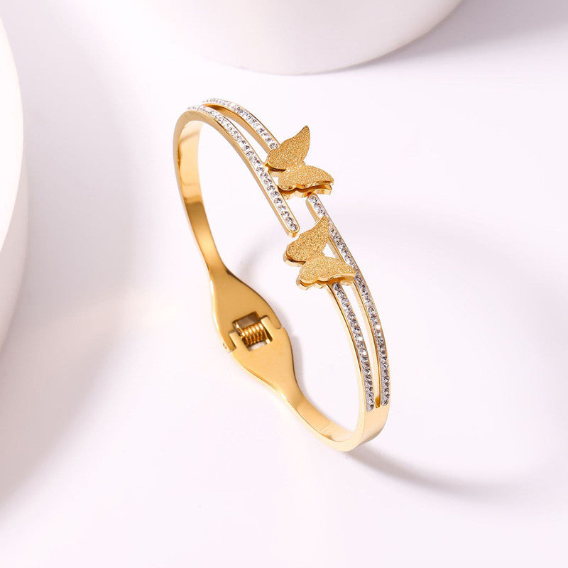 Stainless Steel Gold Plated Butterfly American Diamond Studded Anti-Tarnish Bracelet For Women