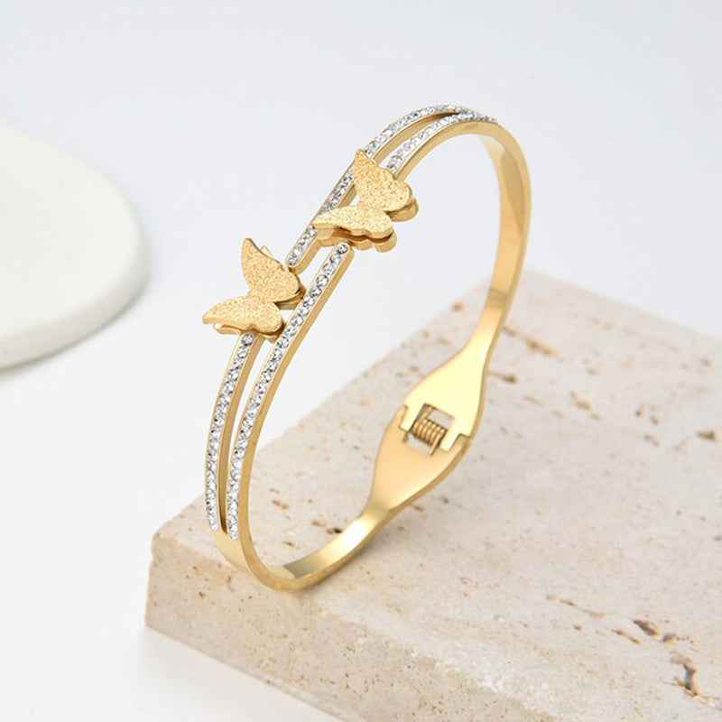 Stainless Steel Gold Plated Butterfly American Diamond Studded Anti-Tarnish Bracelet For Women