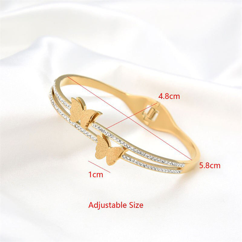 Stainless Steel Gold Plated Butterfly American Diamond Studded Anti-Tarnish Bracelet For Women