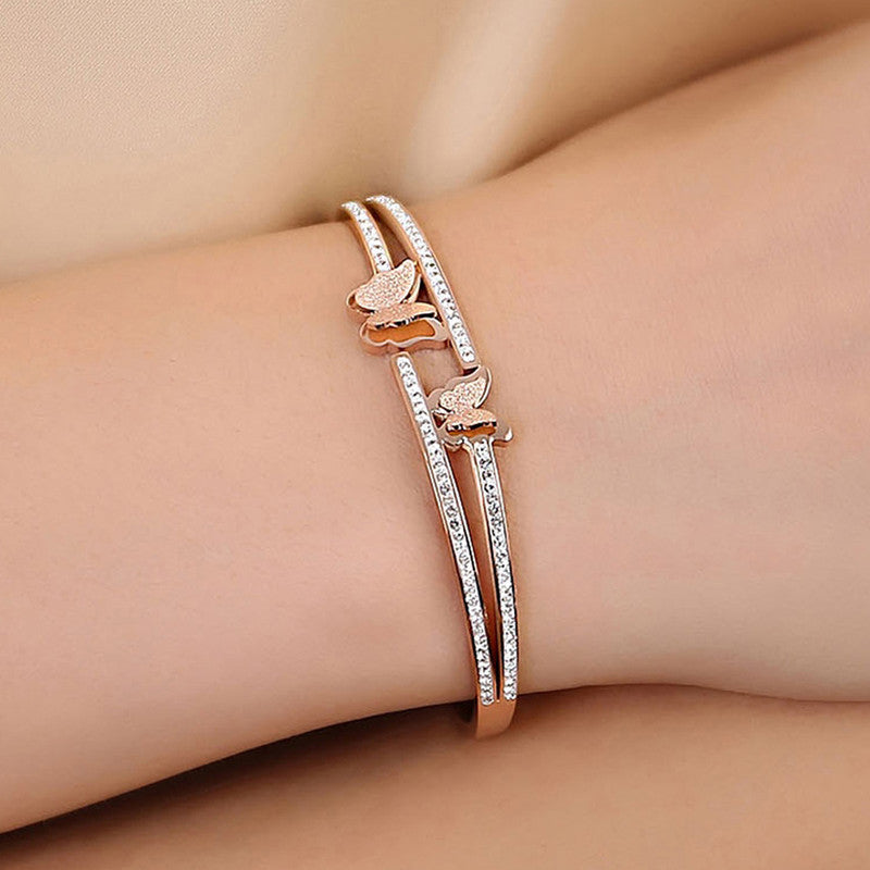 Stainless Steel Rose Gold Plated Butterfly inspired American Diamond Studded Bracelet For Women