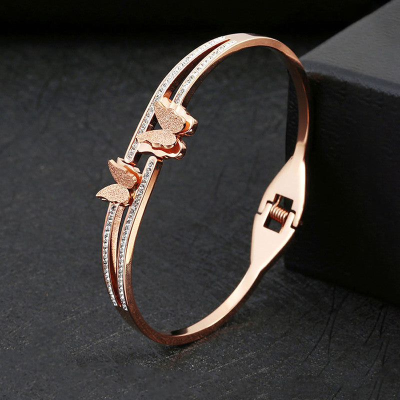 Stainless Steel Rose Gold Plated Butterfly inspired American Diamond Studded Bracelet For Women