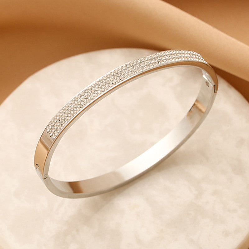 Stainless Steel Silver Plated Triple Lines American Diamond Contemporary Anti-Tarnish Bracelet For Women