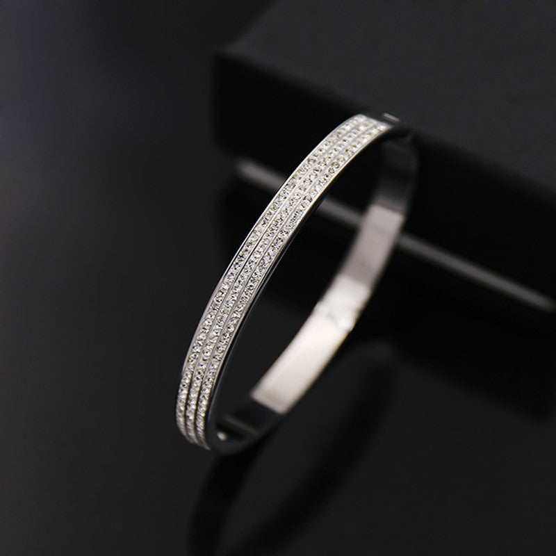 Stainless Steel Silver Plated Triple Lines American Diamond Contemporary Anti-Tarnish Bracelet For Women