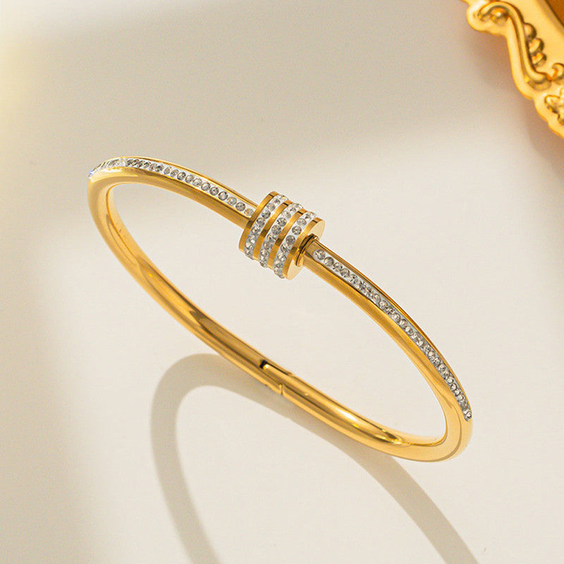 Stainless Steel Gold Plated American Diamond Studded Bangle Style Anti-Tarnish Bracelet For Women