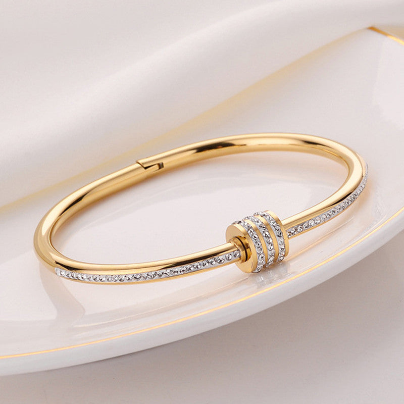 Stainless Steel Gold Plated American Diamond Studded Bangle Style Anti-Tarnish Bracelet For Women