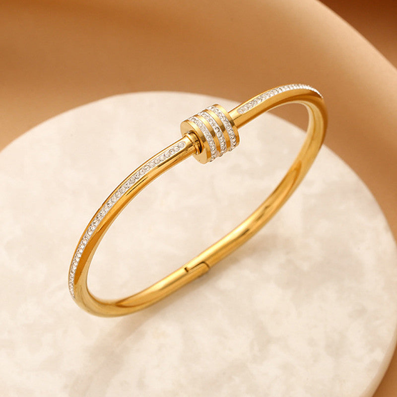 Stainless Steel Gold Plated American Diamond Studded Bangle Style Anti-Tarnish Bracelet For Women