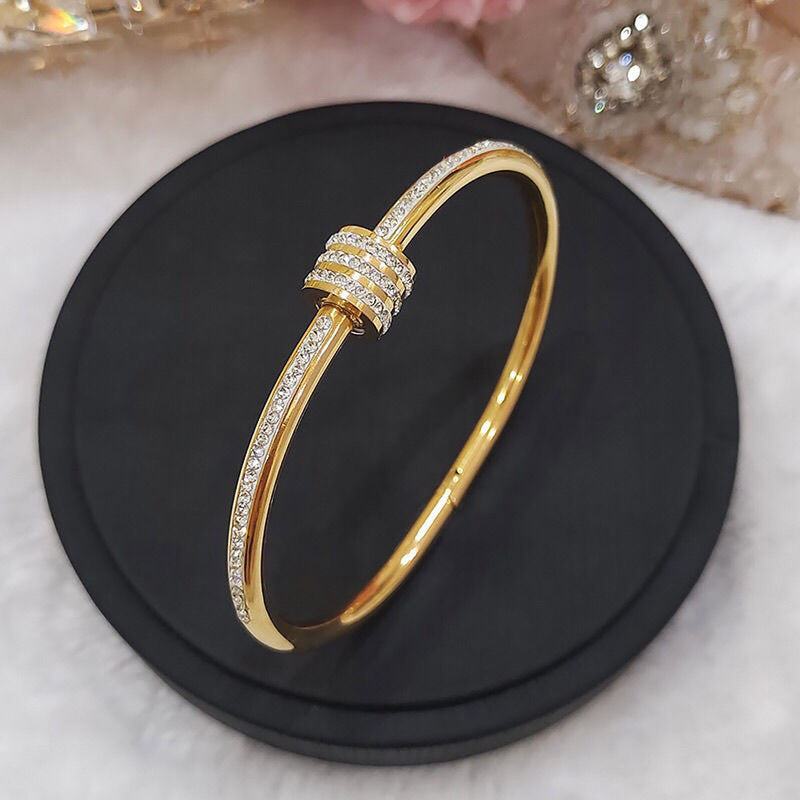 Stainless Steel Gold Plated American Diamond Studded Bangle Style Anti-Tarnish Bracelet For Women