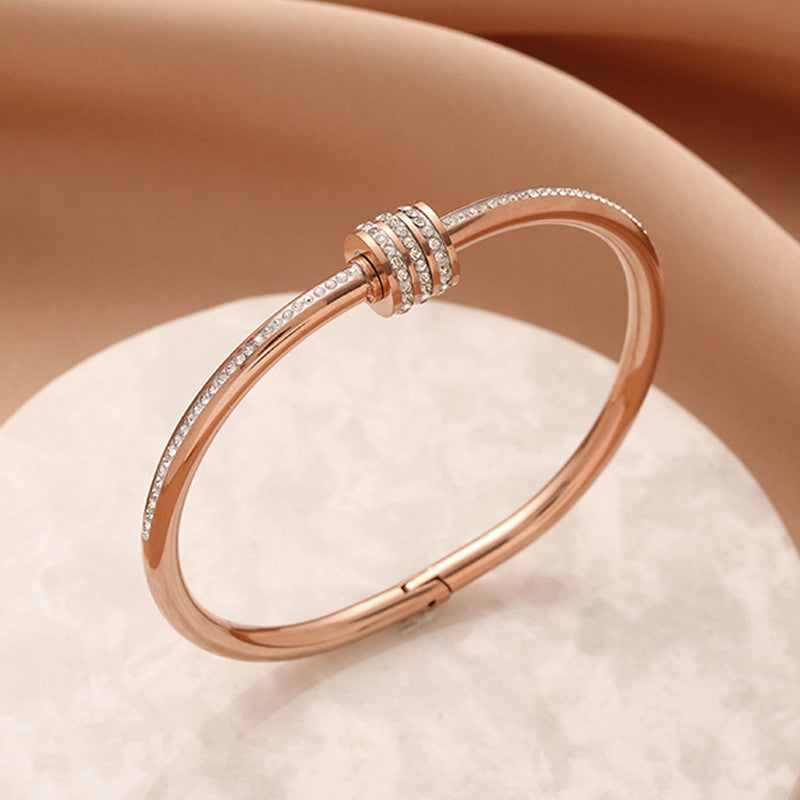 Stainless Steel Rose Gold Plated American Diamond Studded Bangle Style Bracelet For Women