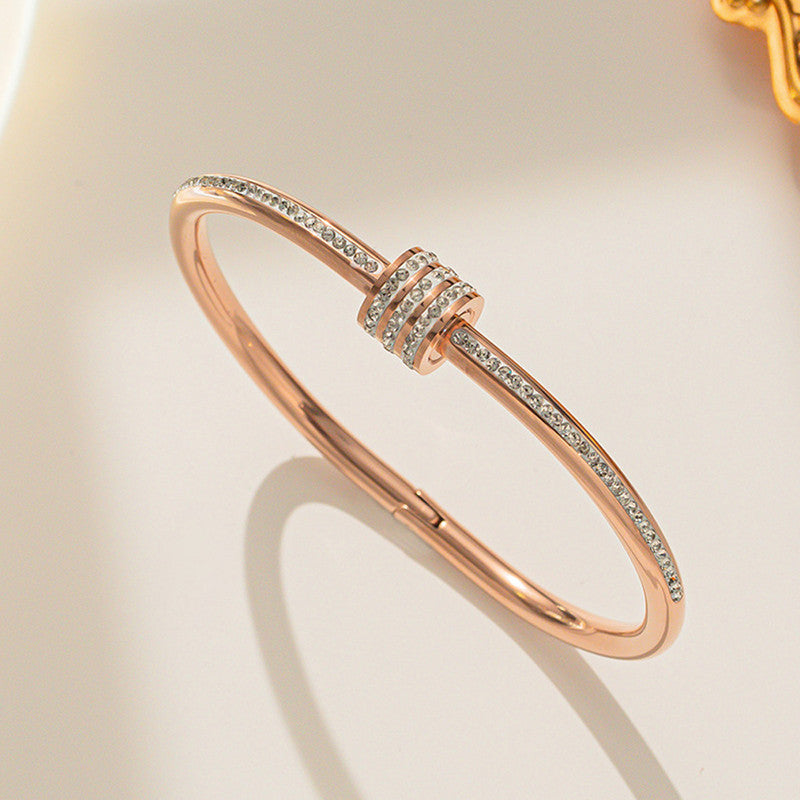 Stainless Steel Rose Gold Plated American Diamond Studded Bangle Style Bracelet For Women