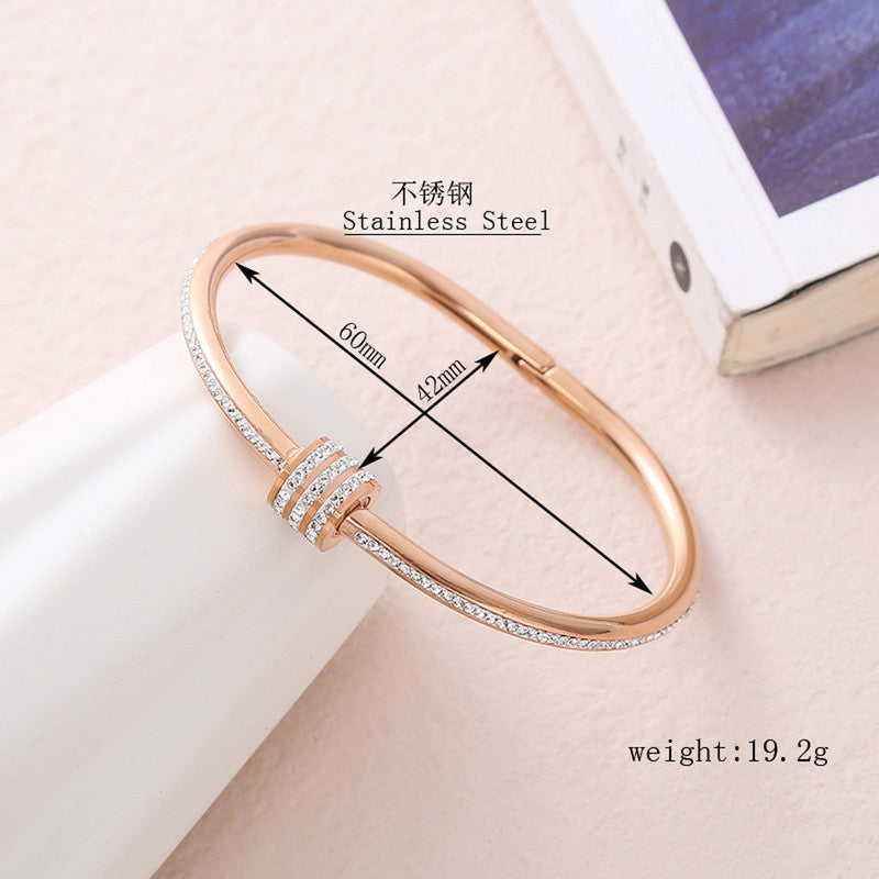 Stainless Steel Rose Gold Plated American Diamond Studded Bangle Style Bracelet For Women