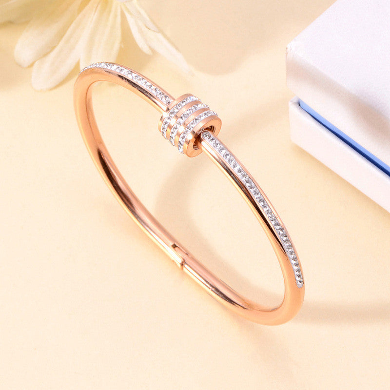 Stainless Steel Rose Gold Plated American Diamond Studded Bangle Style Bracelet For Women