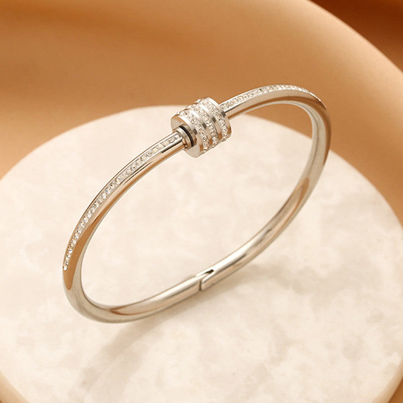 Stainless Steel Silver Plated American Diamond Studded Bangle Style Anti-Tarnish Bracelet For Women