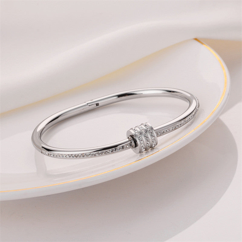 Stainless Steel Silver Plated American Diamond Studded Bangle Style Anti-Tarnish Bracelet For Women