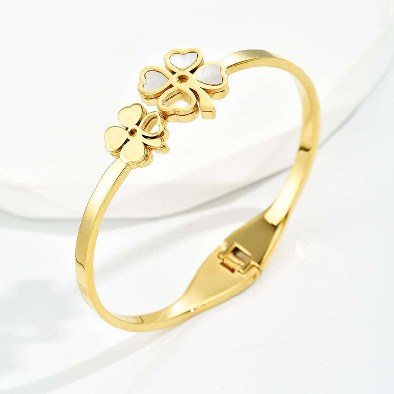 Stainless Steel Gold Plated Mother of Pearls Dual Flower Openable Floral Anti-Tarnish Bracelet For Women