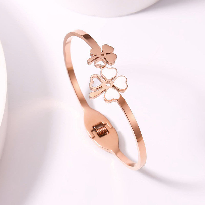 Stainless Steel Rose Gold Plated Mother of Pearls Dual Flower Openable Floral Bracelet For Women