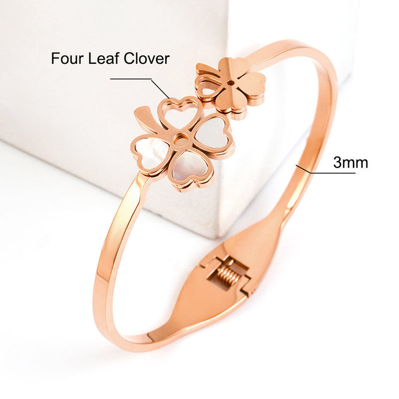 Stainless Steel Rose Gold Plated Mother of Pearls Dual Flower Openable Floral Bracelet For Women