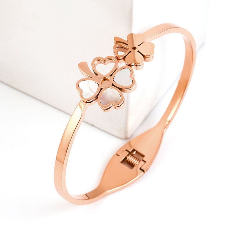 Stainless Steel Rose Gold Plated Mother of Pearls Dual Flower Openable Floral Bracelet For Women