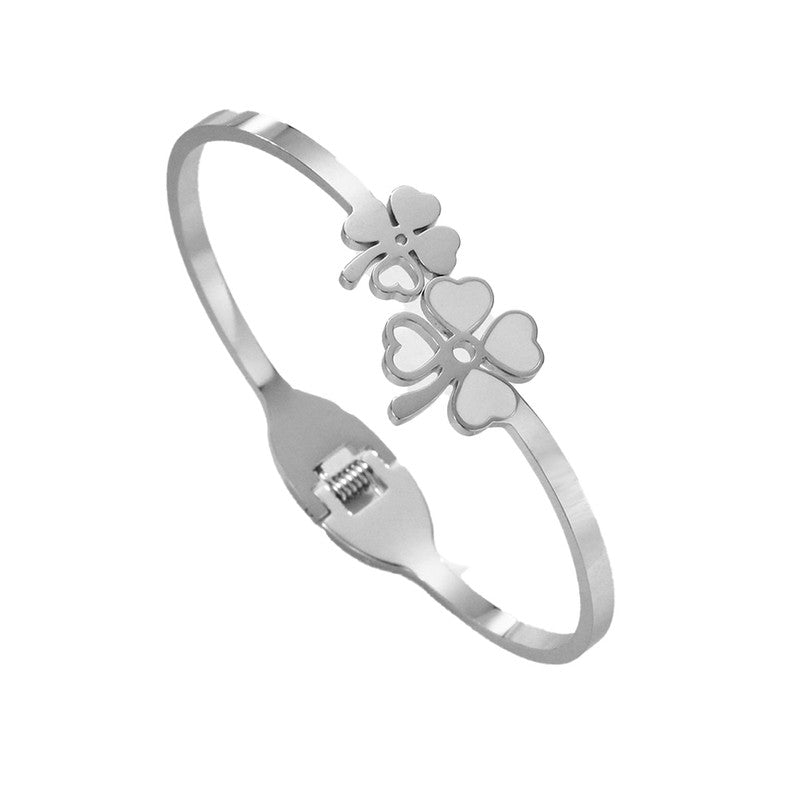 Stainless Steel Silver Plated Mother of Pearls Dual Flower Openable Floral Anti-Tarnish Bracelet For Women