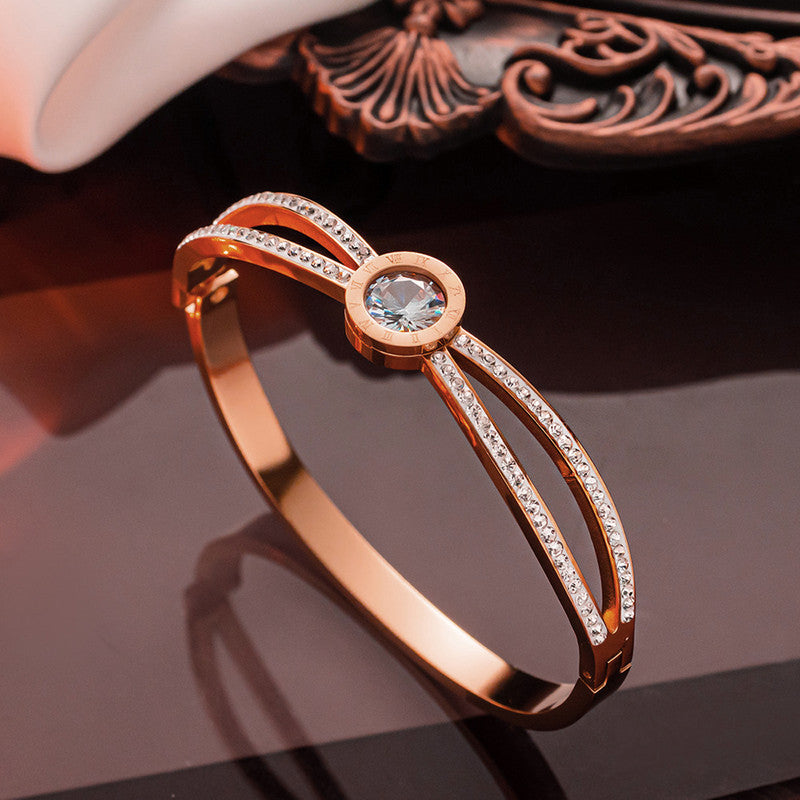 Stainless Steel Rose Gold Plated Roman Numerals American Diamond Studded Bracelet For Women