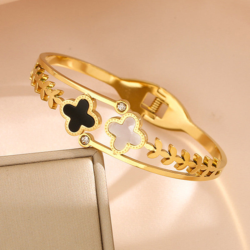 Stainless Steel Gold Plated Mother of Pearls Two Clover Leaf Irish Design Anti-Tarnish Bracelet For Women