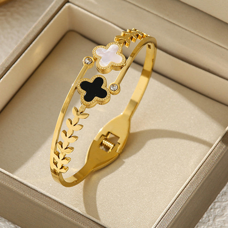 Stainless Steel Gold Plated Mother of Pearls Two Clover Leaf Irish Design Anti-Tarnish Bracelet For Women