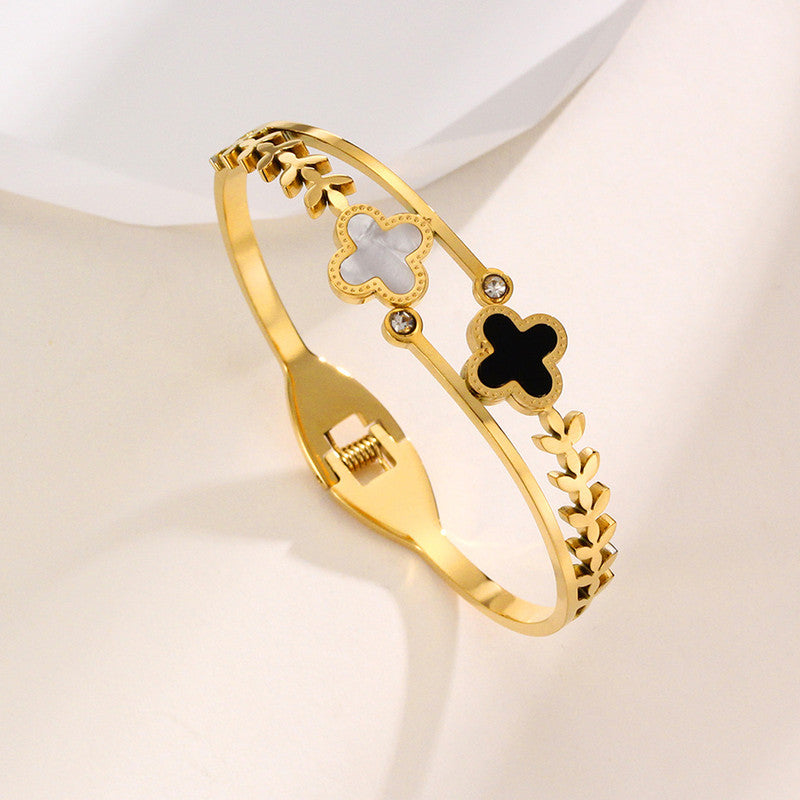 Stainless Steel Gold Plated Mother of Pearls Two Clover Leaf Irish Design Anti-Tarnish Bracelet For Women