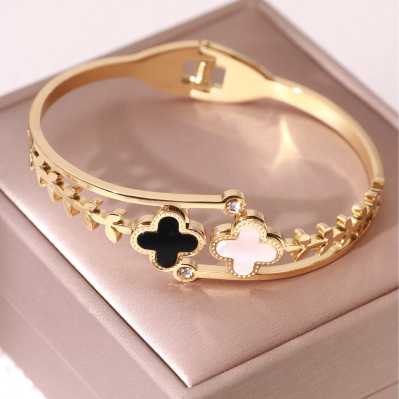 Stainless Steel Gold Plated Mother of Pearls Two Clover Leaf Irish Design Anti-Tarnish Bracelet For Women