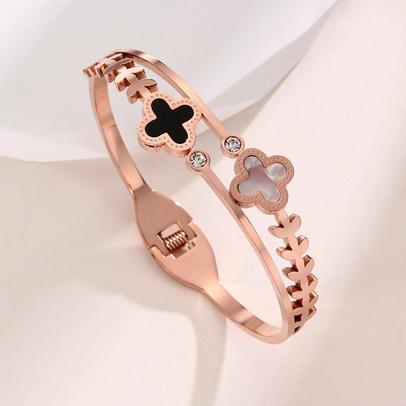 Stainless Steel Rose Gold Plated Mother of Pearls Two Clover Leaf Irish Design Bracelet For Women