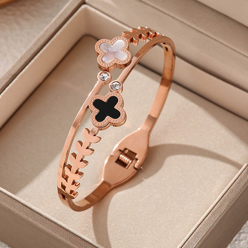 Stainless Steel Rose Gold Plated Mother of Pearls Two Clover Leaf Irish Design Bracelet For Women