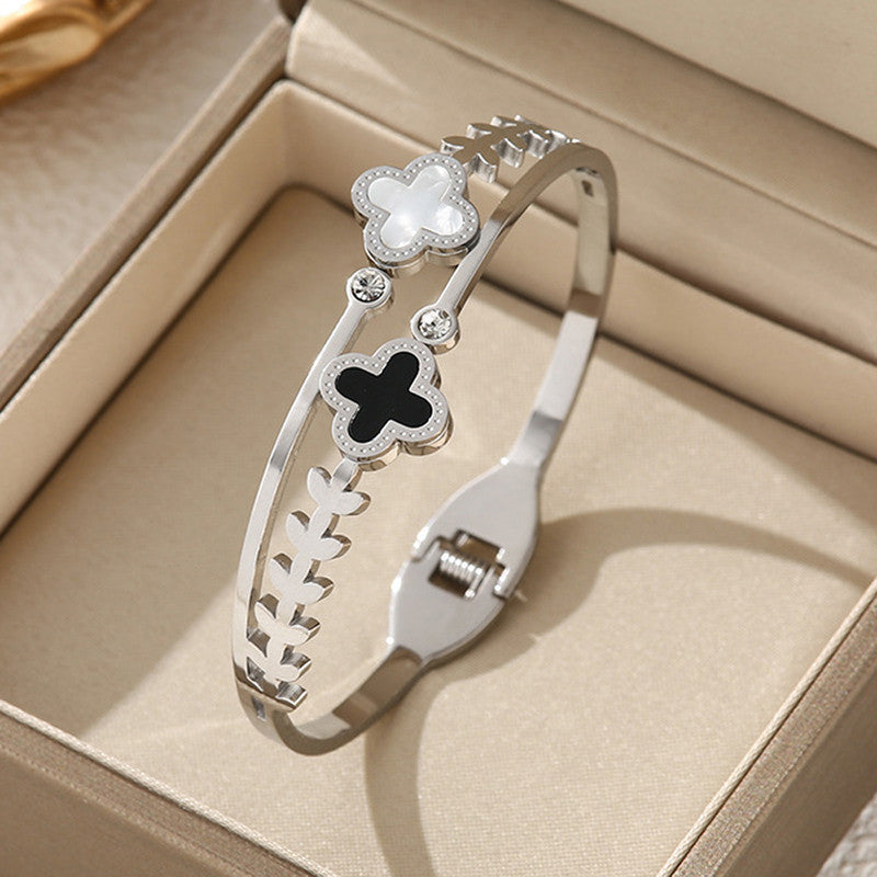 Stainless Steel Silver Plated Mother of Pearls Two Clover Leaf Irish Design Anti-Tarnish Bracelet For Women