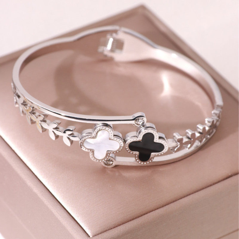 Stainless Steel Silver Plated Mother of Pearls Two Clover Leaf Irish Design Anti-Tarnish Bracelet For Women