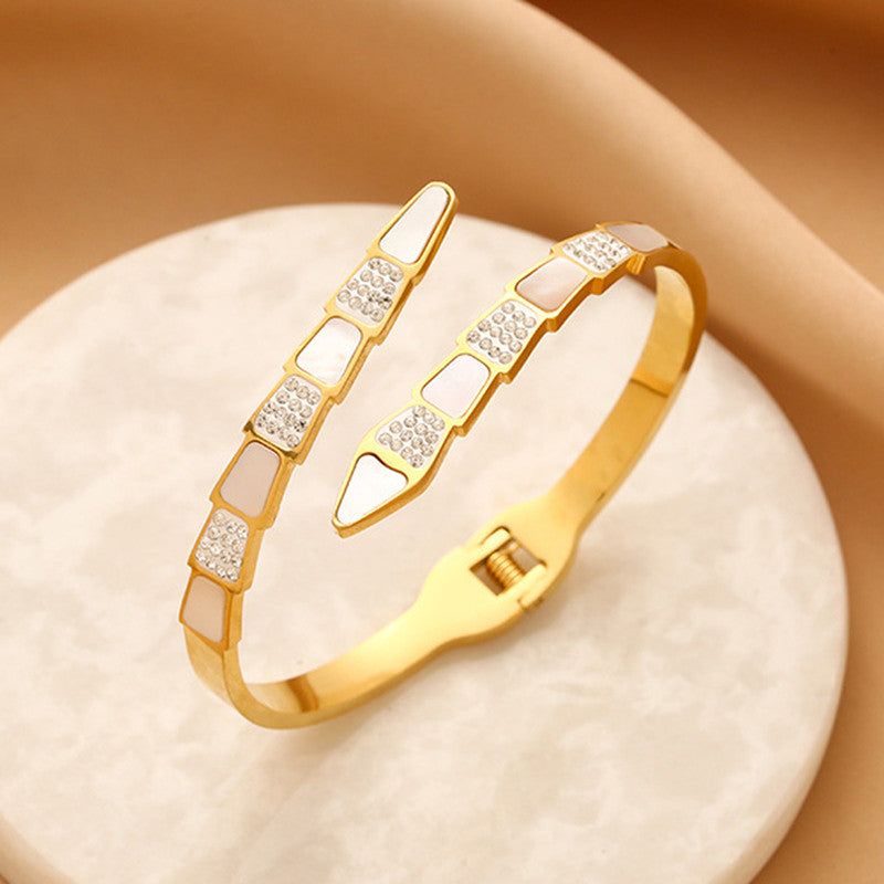 Stainless Steel Gold Plated Mother of Pearl Snake Styled AD Studded Anti-Tarnish Bracelet For Women